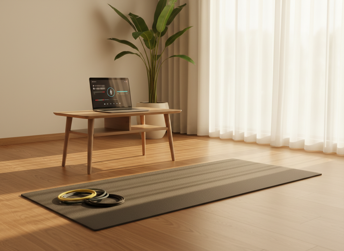A serene living room transformed into a personal training space: a dark gray exercise mat centered on a warm wooden floor, a compact set of color-coded resistance bands neatly coiled, and a sleek laptop open on a low, light-wood coffee table displaying a paused video workout interface with charts and progress bars blurred. A large indoor plant with broad green leaves adds freshness in the background. Late afternoon natural light pours through sheer white curtains, creating a soft, golden photographic glow and gentle shadows. Captured at eye level with balanced composition and moderate depth of field, the mood is calm, structured, and encouraging, reflecting a professional home-based fitness and nutrition program.