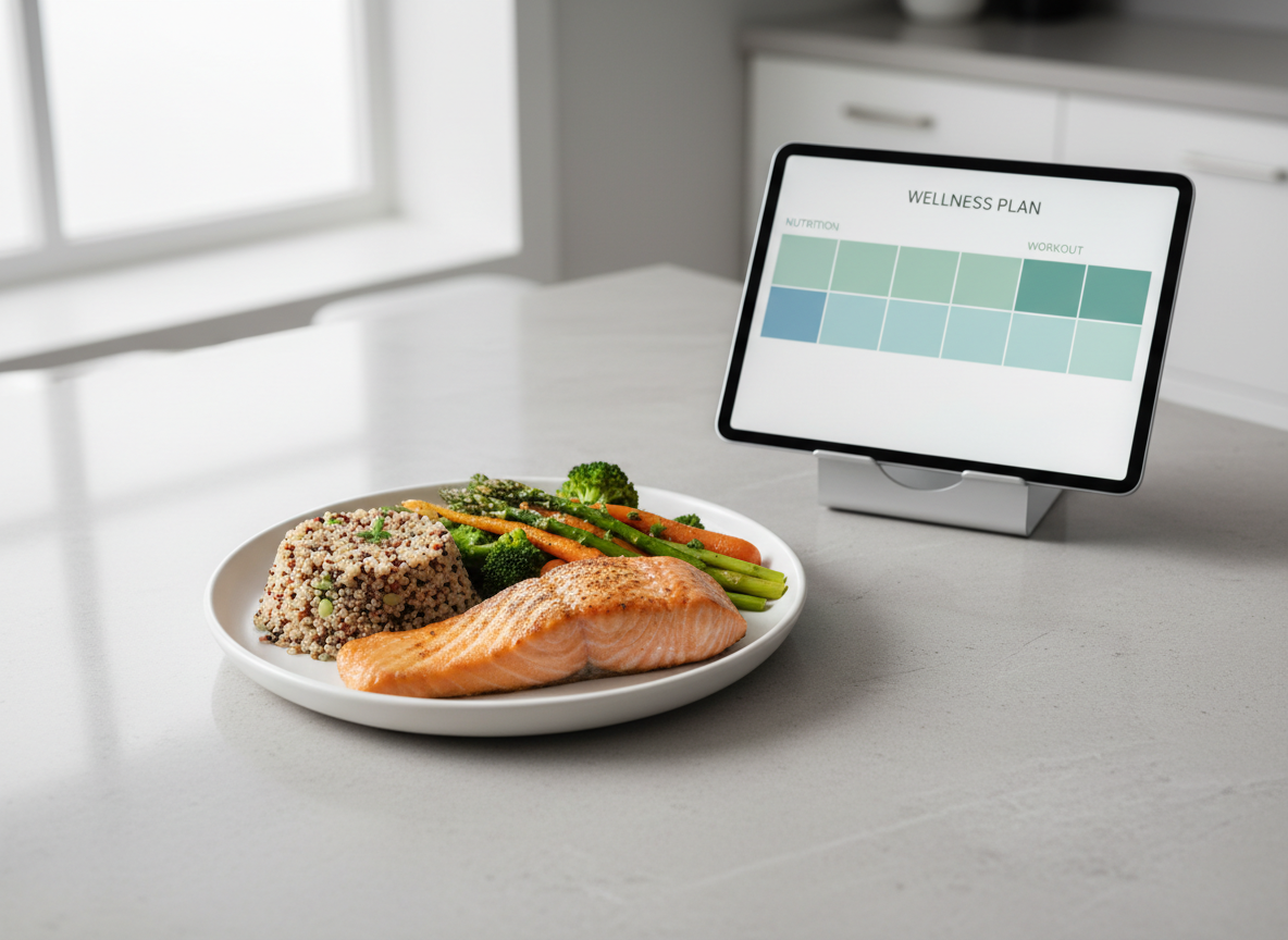 A clean, minimalist kitchen countertop in light gray stone, with a carefully composed, colorful balanced meal: grilled salmon with a light golden sear, quinoa, and a vibrant mix of steamed green vegetables and roasted carrots on a matte white plate. Beside it rests a digital tablet on a slim stand, screen showing a structured weekly nutrition and home workout plan in soft blues and greens, slightly out of focus. Soft overcast daylight from a nearby window creates even, flattering photographic lighting and gentle reflections on the countertop. Shot from a slightly elevated angle with sharp focus on the plate, the scene feels professional, organized, and accessible, reinforcing the idea of an expert-guided wellness subscription you can follow at home.