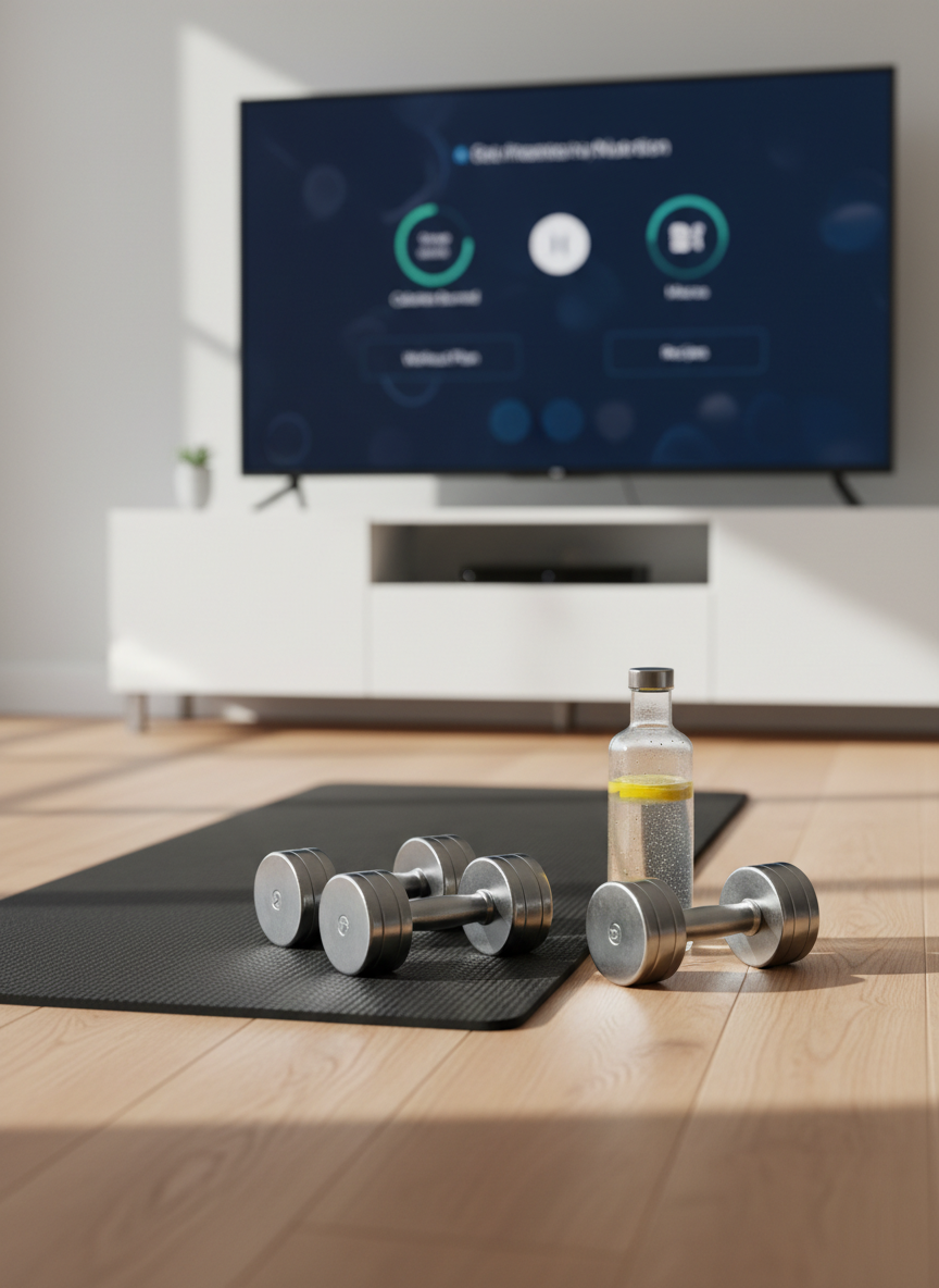 A neatly arranged home workout corner featuring a high-quality black yoga mat laid on light oak wooden flooring, with a pair of matte silver adjustable dumbbells and a clear glass water bottle filled with lemon-infused water. In the background, a modern flat-screen TV on a slim white console displays a paused fitness and nutrition dashboard interface, softly blurred. Gentle morning daylight enters from an unseen window, casting diffused, natural light and subtle shadows. Photographic realism, eye-level composition, and a shallow depth of field create a calm, motivating atmosphere that feels professional yet welcoming, ideal to represent an at-home subscription-based wellness program focused on balanced exercise and nutrition.
